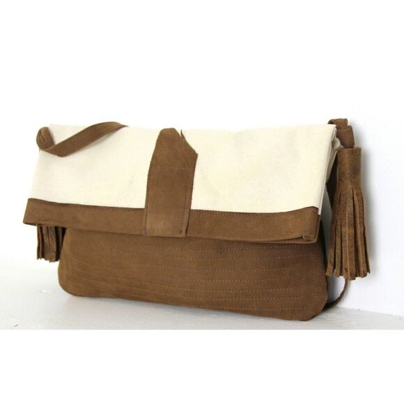 HANDMADE MURKA NATURAL IVORY CANVAS BROWN LEATHER TASSEL FOLD OVER SHOULDER BAG - Picture 5 of 11
